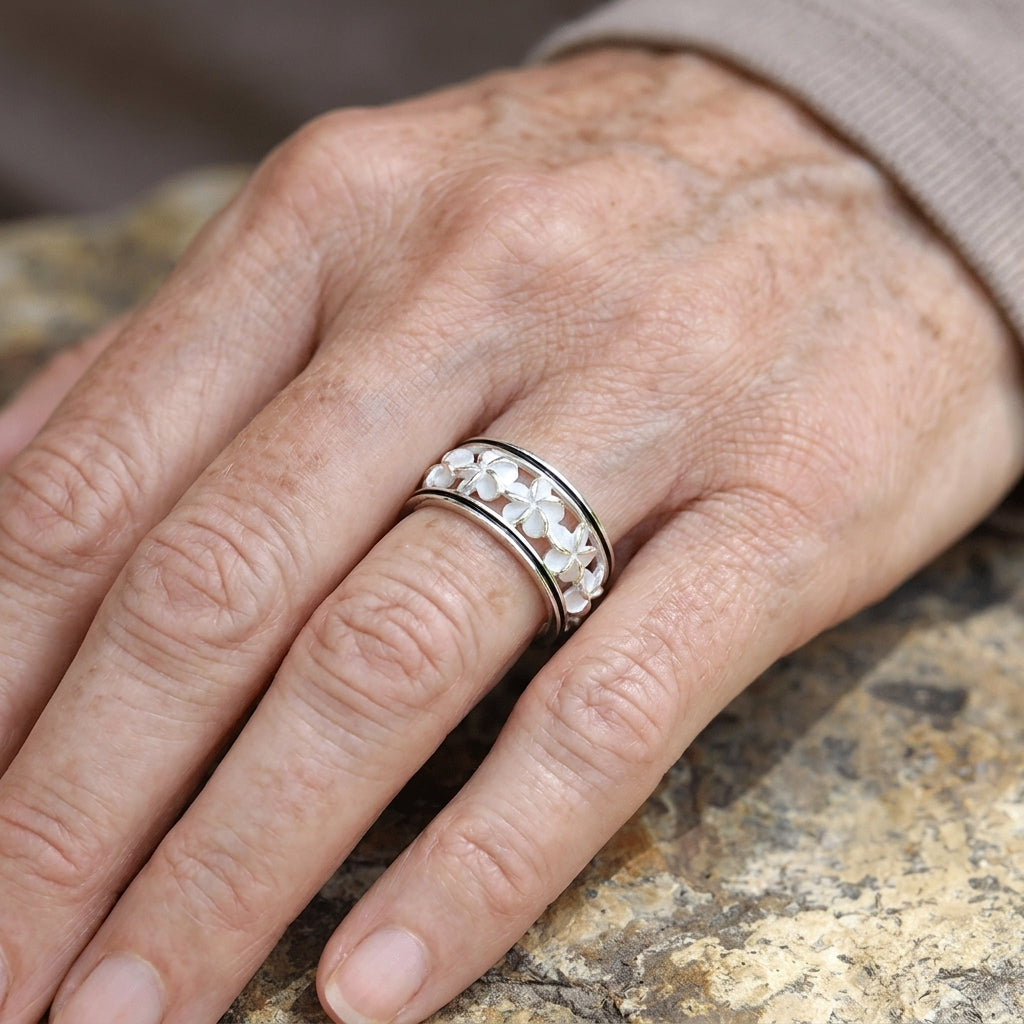 vintage white floral ring in silver — lifestyle
