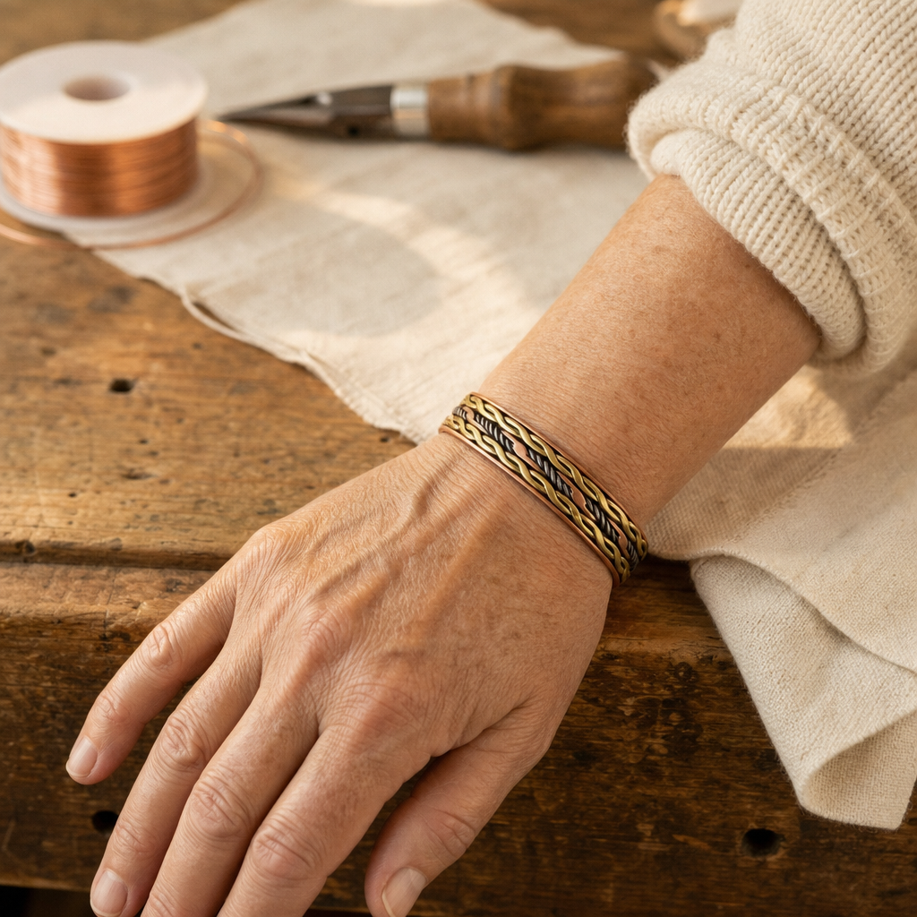 Copper Cuff Bracelet with Brass Inlay, Adjustable Open Cuff — Hand-Shaped Mixed-Metal Bangle — view 2