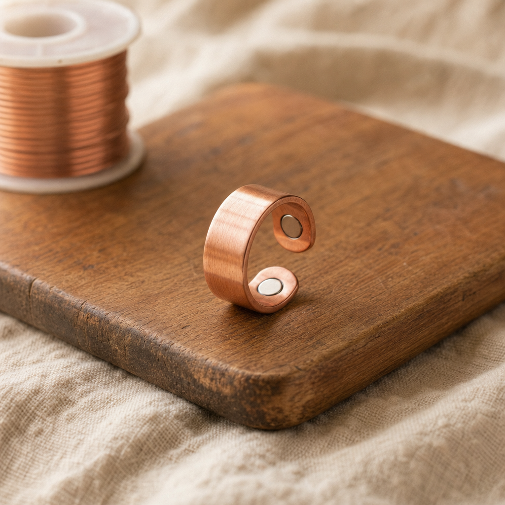 Copper Ring and Cuff Bracelet Set - Adjustable Open Ring and Hammered Copper Cuff - 2 Pieces