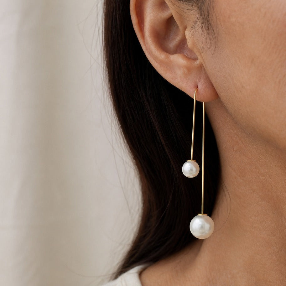 Dual Pearl Threader Dangle Earrings in Gold Tone — view 2