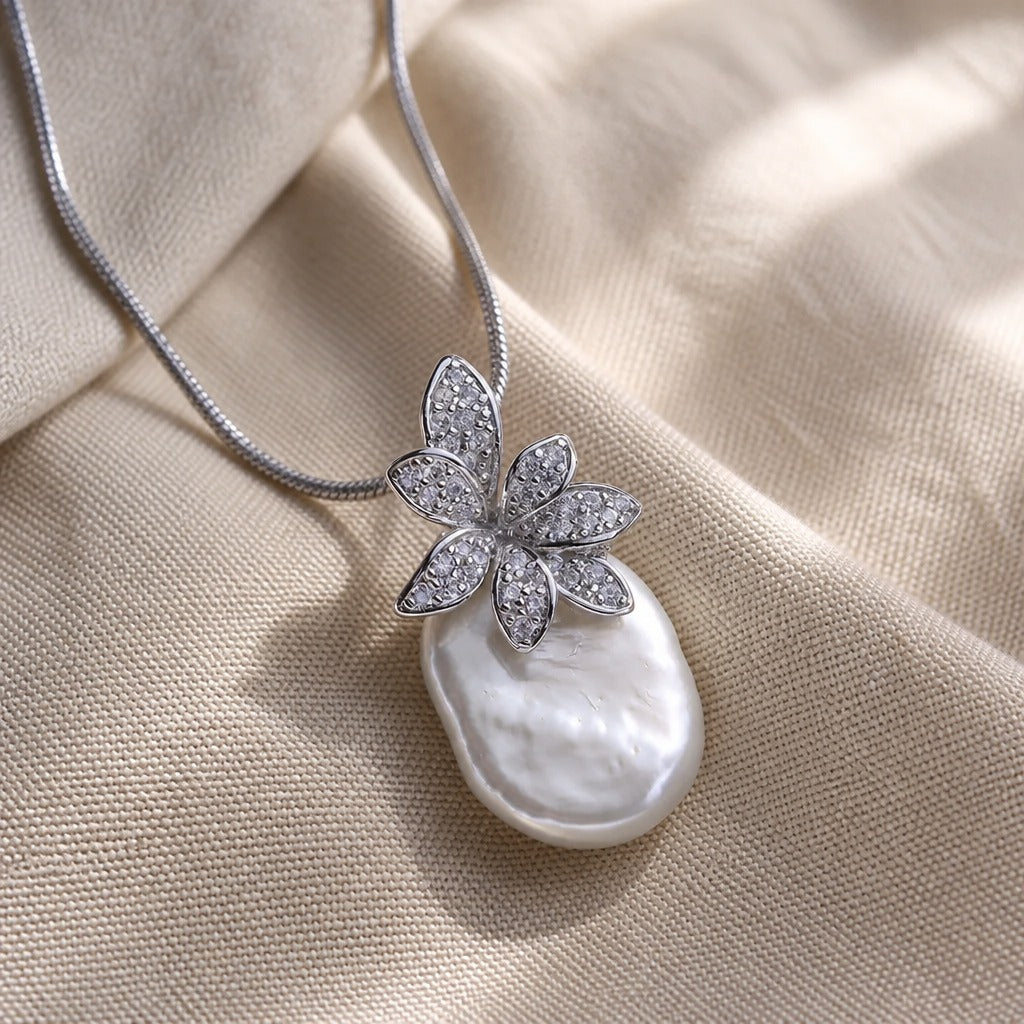 Flower Pearl Pendant Necklace with Crystal Accent Petals and Silver-Tone Chain — main image