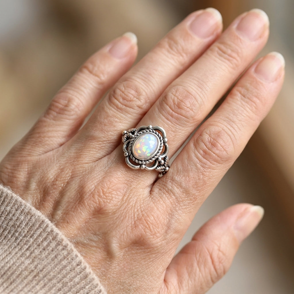 womens retro flower imitation opal ring — lifestyle
