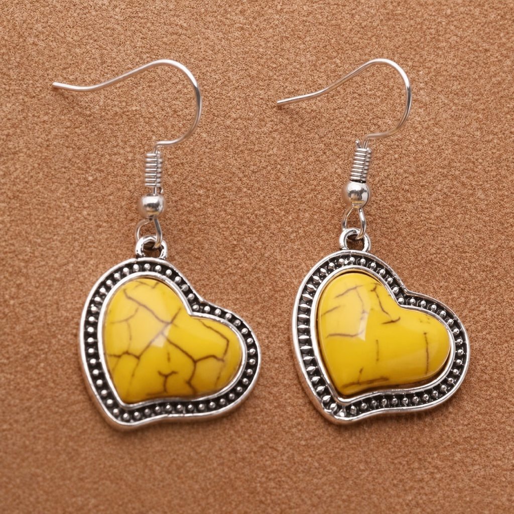 Heart-Shaped Yellow Resin Earrings with Beaded Silver-Tone Border — view 2